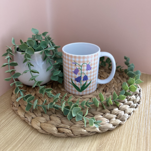 Bluebell Ceramic Mug with Peach Buffalo Check Pattern