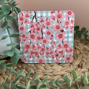 Cherry Blossom MDF Coaster with Turquoise Buffalo Check Pattern