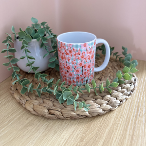 Cherry Blossom Ceramic Mug with Turquoise Buffalo Check Pattern