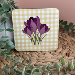 Crocus Blossom MDF Coaster with Yellow Buffalo Check Pattern