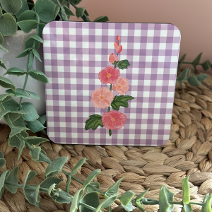 Hollyhock Blossom MDF Coaster with Lilac Buffalo Check Pattern