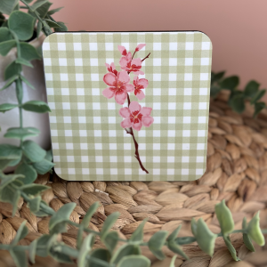 Single Cherry Blossom MDF Coaster with Light Green Buffalo Check Pattern