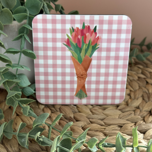 Tulip MDF Coaster with Baby Pink Buffalo Check Pattern